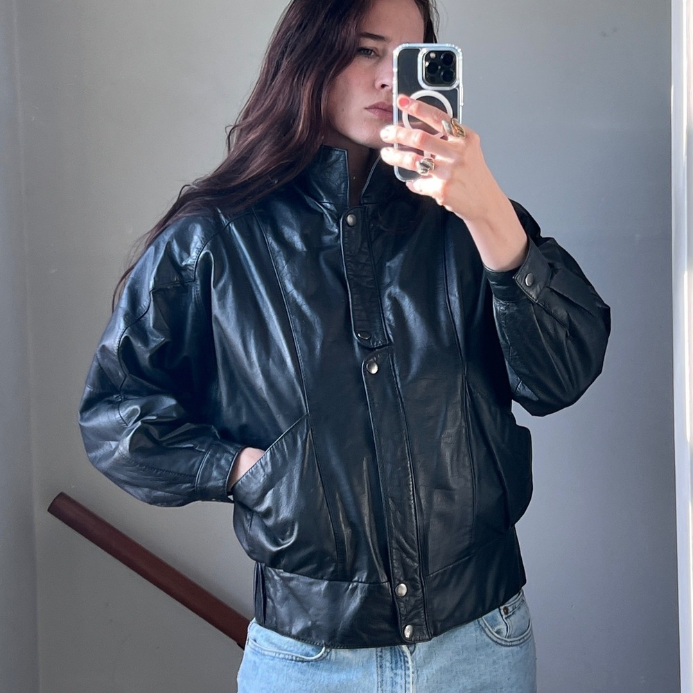 Vintage Wilsons Leather Bomber Jacket Black 80s Avant Garde Coat Funnel‎ Neck